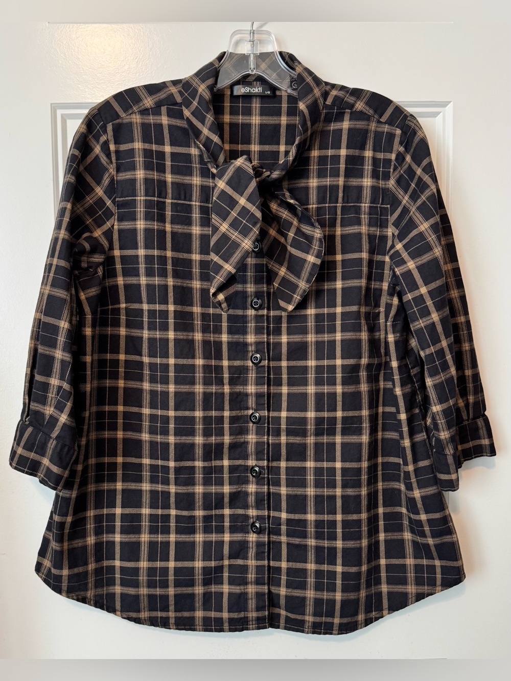 eShakti Plaid Tie Neck Button Front Blouse Brown Black Career Top L 12